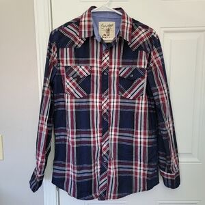 Coastal Men's Long Sleeve Plaid Pearl Snap Shirt Red Blue Preppy Size Medium